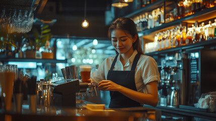 Smiling waitress serving a customer in a dimly lit bar. Concept of hospitality, service, drinks, and nightlife.