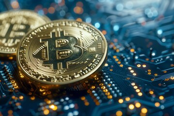 A coin bitcoin on it is on a keyboard