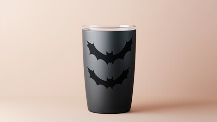 Stylish black tumbler featuring a bat design on a soft pastel background.