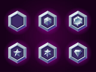 Hexagon silver magic badges set for games. Silver vector rank emblems. Metallic style. Diamond, gemstone, star objects.