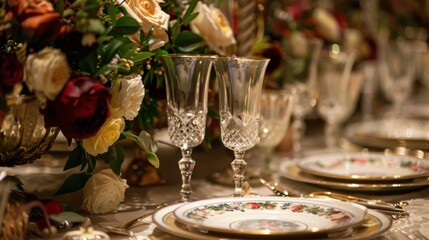 Naklejka premium Elegant Table Setting with Fine China and Crystal Glassware