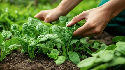 Hand picking fresh spinach leaves from a garden bed, showcasing a farm-to-table experience.