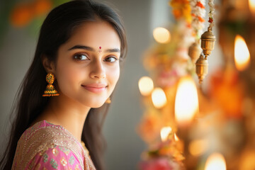 Fototapeta premium happy little india girl celebrating diwali festival at home