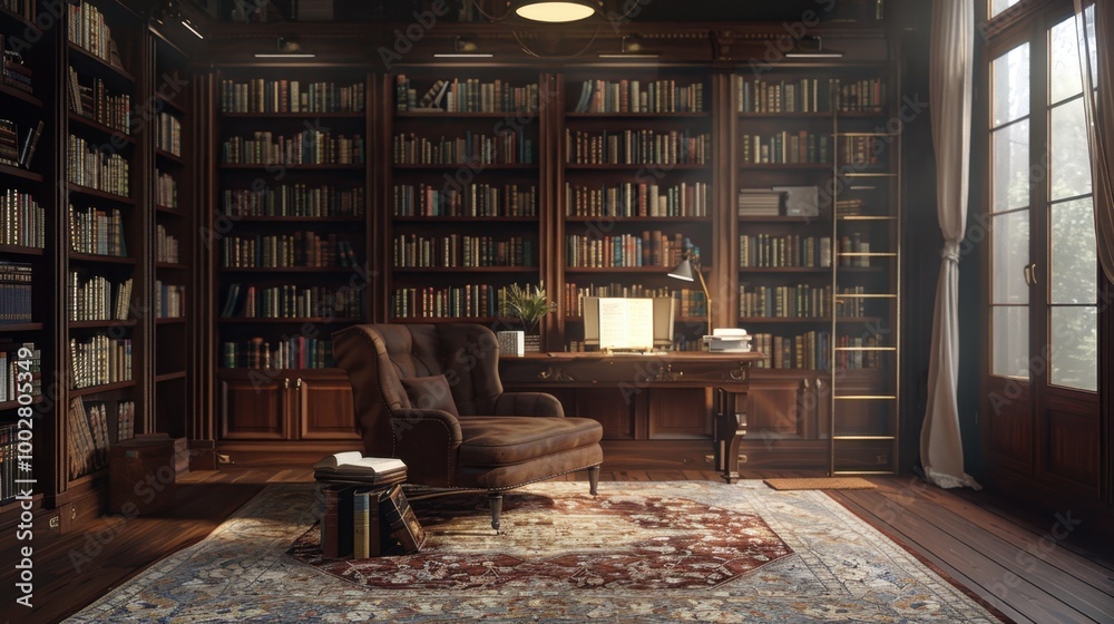 Wall mural Cozy Library with Elegant Reading Space and Natural Light