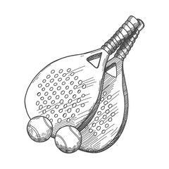Vector illustration with pickleball equipment. Balls and rackets in sketch style.