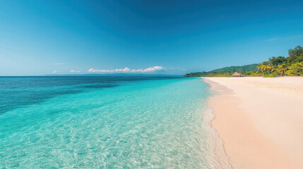 Fototapeta premium Scenic beach view with clear water and soft sand under a bright blue sky.