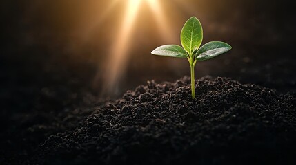 Green seedling emerging from dark soil, illuminated by soft sunlight.