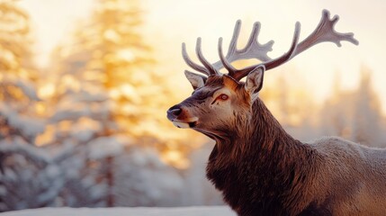 Fototapeta premium Majestic deer in a snowy landscape during a serene winter sunset.