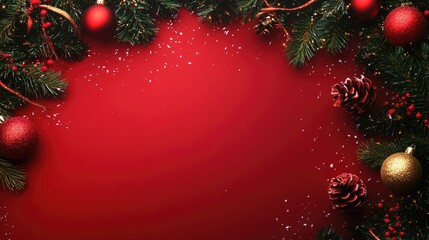 Red background with a red border. Red Christmas decorations, Merry Christmas card. Winter holiday theme. Happy New Year. Space for text.