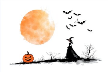A Halloween illustration featuring a jack-o'-lantern pumpkin set against a glowing moon with silhouettes of bats in flight. High contrast colors and vector style, white background.