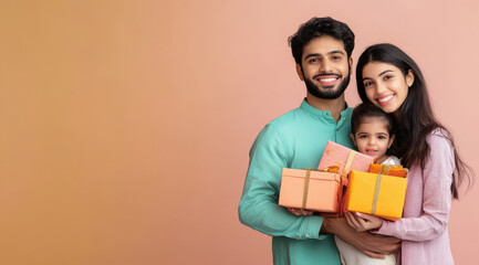 happy indian family holding gift box on diwali festival