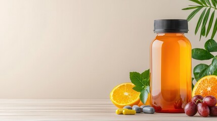 Elegant glass bottle of vitamins on a wooden table, with fresh fruits and herbal tea, serene health vibe
