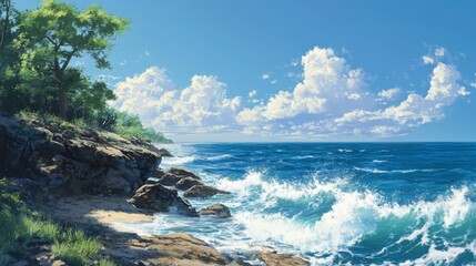 Fototapeta premium Ocean view from a cliffside with crashing waves, rocky shoreline, and a clear blue sky.
