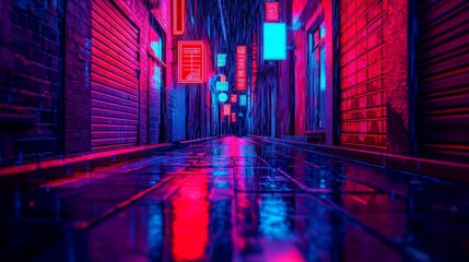 Fototapeta premium Vibrant neon-lit alley at night, reflecting rain on the pavement, urban atmosphere.