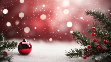 Red background with a red border. Red Christmas decorations, Merry Christmas card. Winter holiday theme. Happy New Year. Space for text.