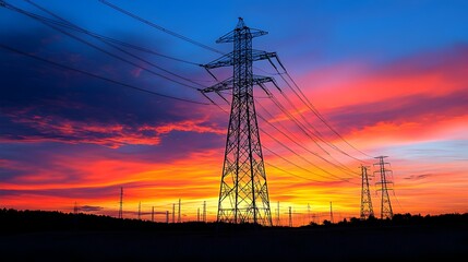 Smart Grid Transmission Towers Powering Industrial at Sunset