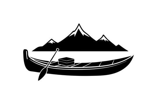 black boat with mountains and paddle clip art preview