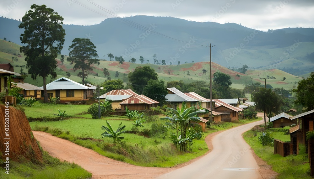 Wall mural Charming Rural Scene of Lush Green Valleys and Traditional Homes in Eswatini