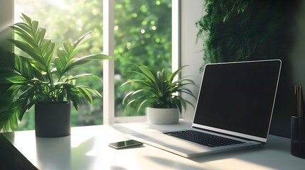 Fototapeta premium Tranquil Startup Workspace with Laptop and Smartphone on Clean White Desk near Lush Greenery