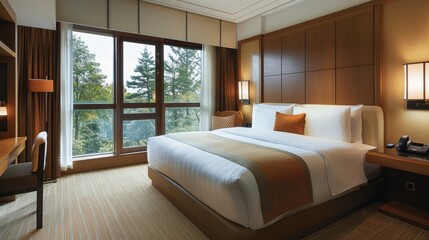 Fototapeta premium Modern Hotel Room with Cozy Atmosphere and Scenic View