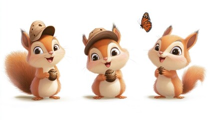 Fototapeta premium Three cute cartoon squirrels wearing hats, one holding a nut in its paws, and a butterfly flying above.