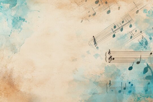 Artistic and vintage music backdrop featuring notes and watercolor textures for presentations