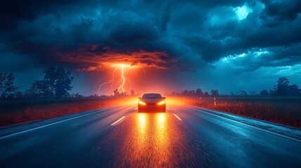 Car lightning storm, dramatic lightning car, thunderstorm driving scene, Cinematic Lightning Drive, Dramatic Storm Road Scene, Thunderstorm Car Journey