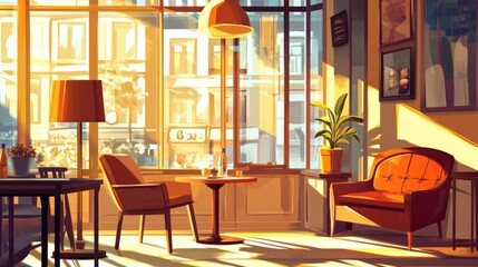 Bright cafe interior with an armchair, a table, a cozy eating space with a couch, and a lamp, near large clear windows.