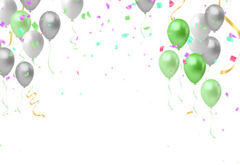 Abstract colorful confetti and balloons background. Balloons and confetti isolated on the white. Vector holiday illustration.