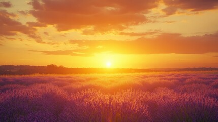 Fototapeta premium As the sun sets on the horizon, its warm glow bathes the lavender field in shades of gold and purple, creating a peaceful and enchanting landscape in the countryside