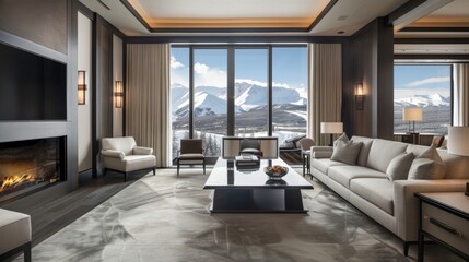 Naklejka premium Elegant Mountain View Living Room with Modern Decor