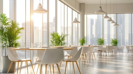 Bright office canteen in a business center, light-colored decor, with large clear windows allowing natural light in.