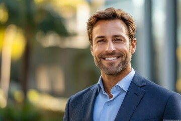 Fototapeta premium Portrait happy, smiling business man outdoors, Generative AI