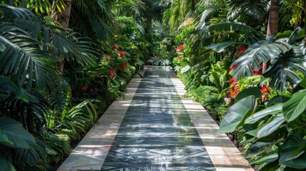 Lush Green Pathway Through Tropical Garden Oasis