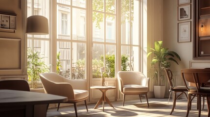 Chic cafe interior featuring comfortable armchairs, a cozy couch, a lamp, and large clear windows.