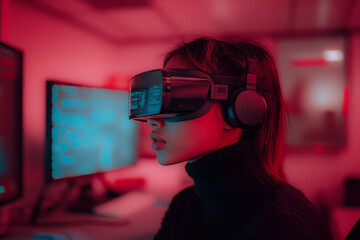 A woman immersed in a VR environment, surrounded by digital screens and deep red lighting, portraying the synergy of technology, innovation, and creativity.