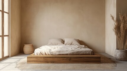 Mock up frame in a spacious bedroom with only a wooden bed and soft beige walls, 3D render 