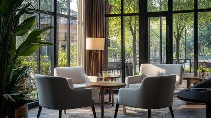 Cozy cafe space featuring stylish armchairs, tables, a couch, and a lamp, large clear windows creating an open atmosphere