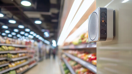 A speaker on the wall in supermarket