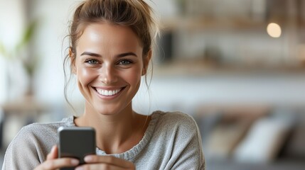 Fototapeta premium Isolated shot of Caucasian woman uses smartphone application enjoys browsing social media creats news content makes online order wears spectacles and casual jumper poses over light background 