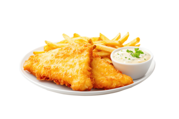 Crispy fried fish fillets with golden fries and a creamy dipping sauce, on transparent background.