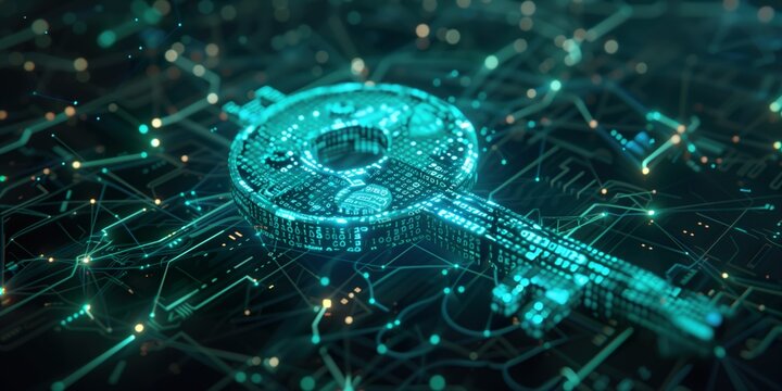 Glowing digital key with data patterns, representing cybersecurity, encryption, and secure information access
