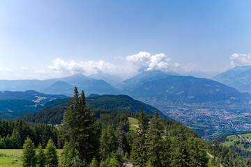 Aerial view of Italian City of Meran with Etsch Valley and Etsch River seen from mountain resort...