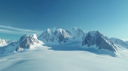 Panoramic aerial shot of a snowy mountain range with dramatic peaks and glaciers under a clear blue sky.