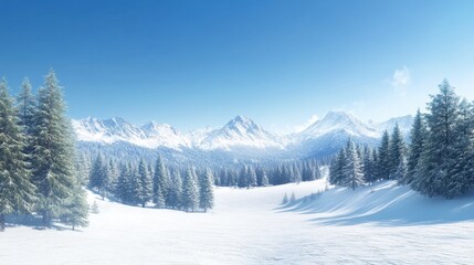 Fototapeta premium Panoramic view of a snowy landscape with pine trees and distant mountains under a clear blue sky.