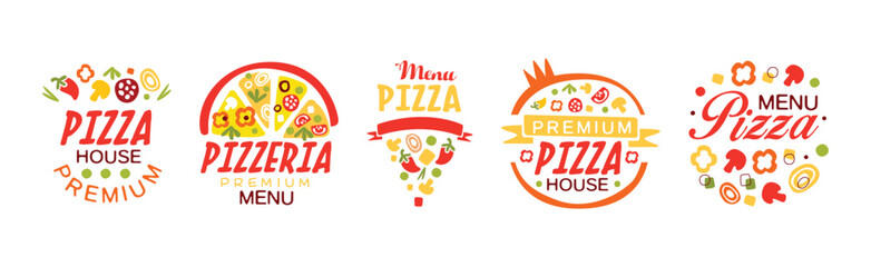 Pizza House Menu Logo Design for Pizzeria and Restaurant Vector Set