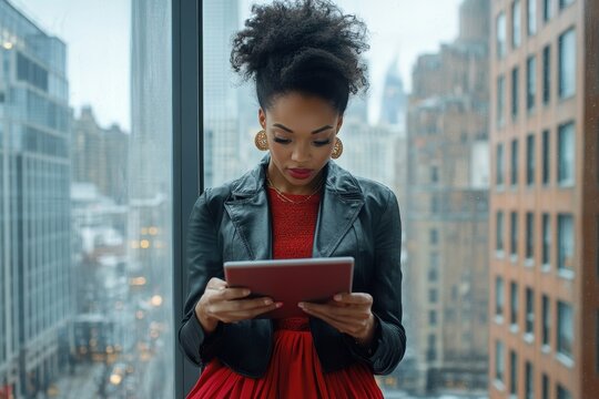 A good-looking African-American woman entrepreneur in a red skirt and black jacket is using a digital tablet while leaning against a panoramic window of a business office high-rise, Generative AI