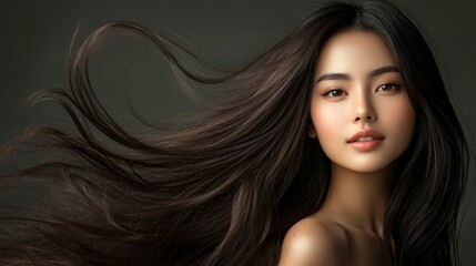 Naklejka premium Portrait of a beautiful Asian woman with glowing skin, posing for a skincare advertisement.
