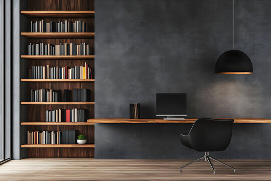 black minimalist office bookshelf The walls are wood and dark gray concrete. furniture