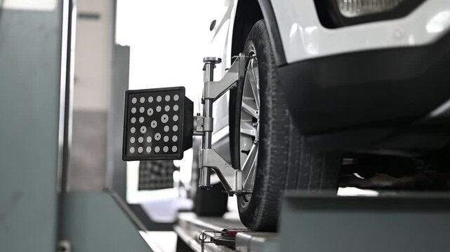 Close-up of car wheel alignment in progress. The car is on a lift and the mechanic is using a machine to align the wheels.